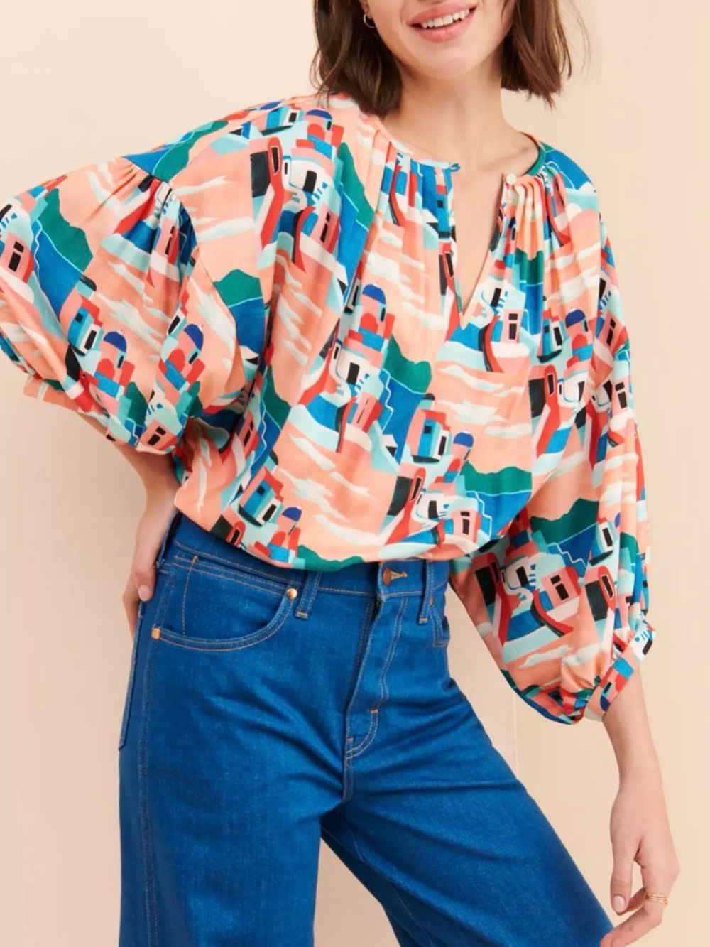 Anthropologie Coral & Teal Abstract Peasant Blouse